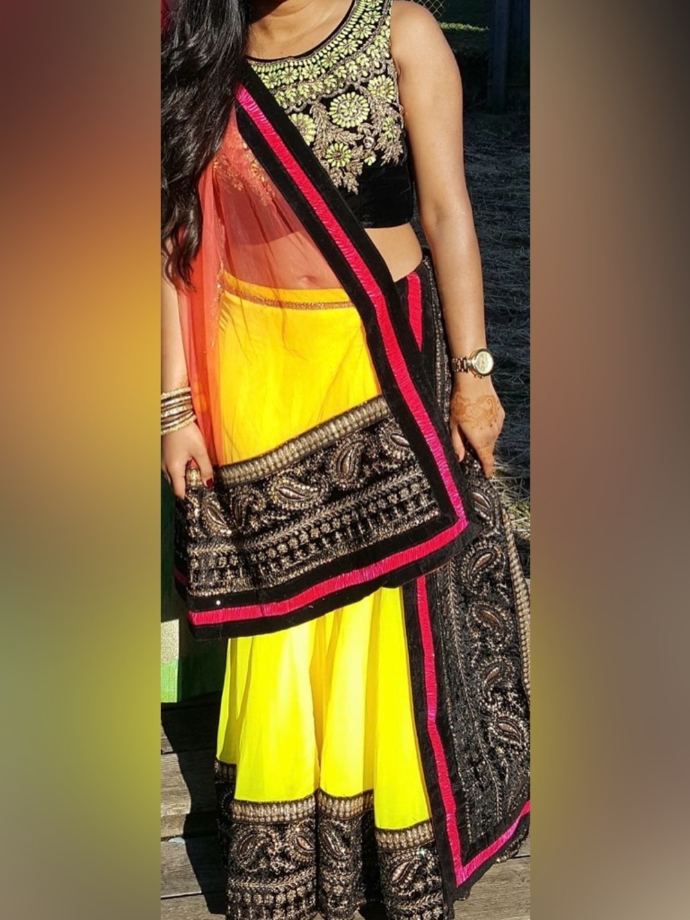 Embroidered Black & Yellow Lehenga with Pink-Trim Dupatta and black embroidered